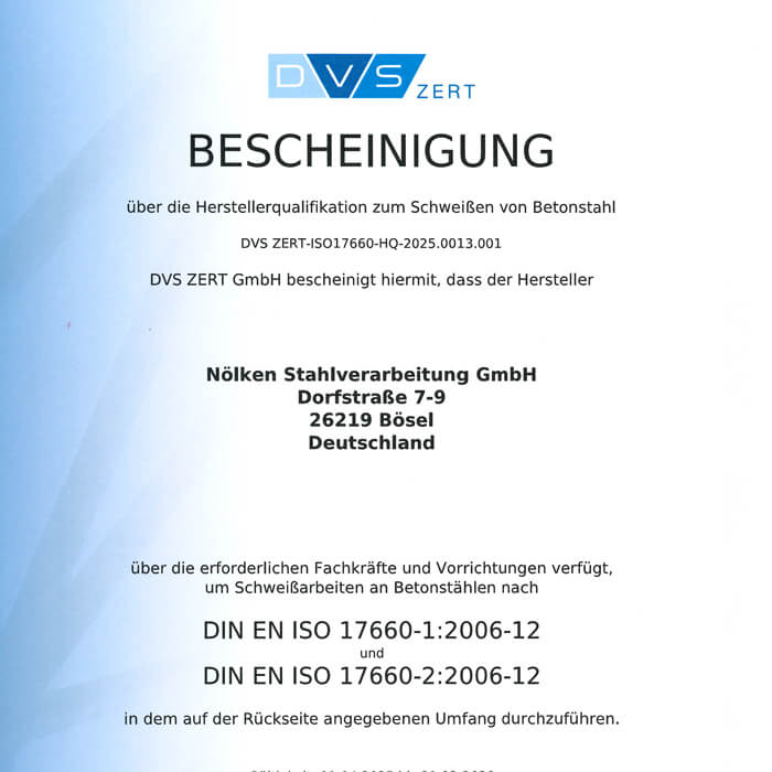 Nölken Stahl, Bösel - Betonstahlschweißen nach DIN EN ISO 17660-1