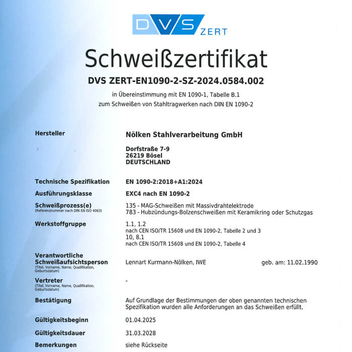 Nölken Stahl, Bösel - Schweißzertifikat nach DIN EN 1090-2 EXC 4
