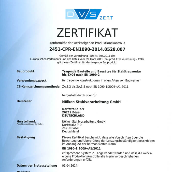 Nölken Stahl, Bösel - Konformität der werkseigenen Produktionskontrolle